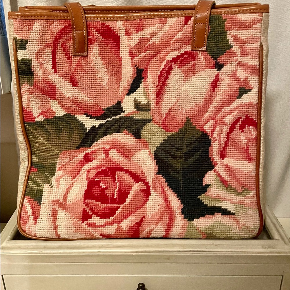 Clever Carriage Company Needlepoint Pink English Rose Handbag